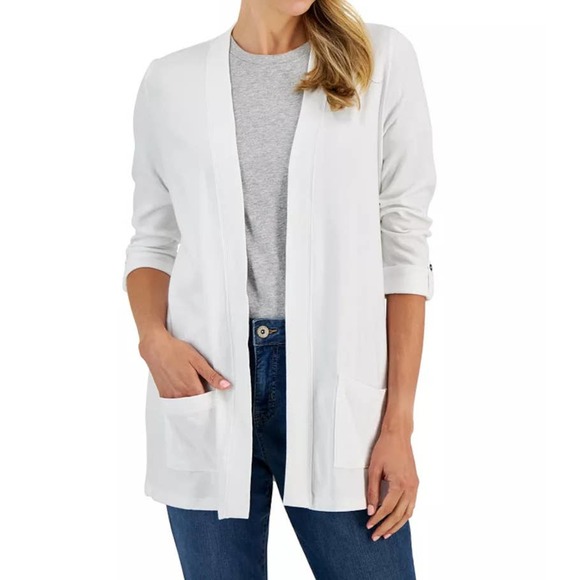 Karen Scott Jackets & Blazers - Karen Scott White Cardigan Faux Roll Sleeves Size XL Bright White New